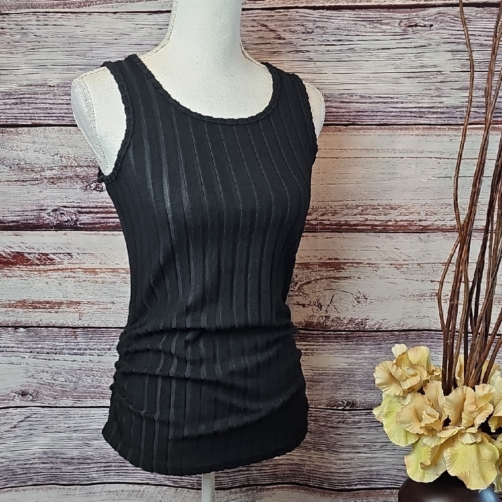 NEW BLACK RIBBED CINCHED PULLOVER TABK TOP